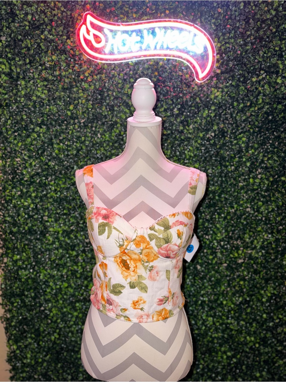 Floral Sweetheart Bustier Top - White with Yellow & Pink Roses